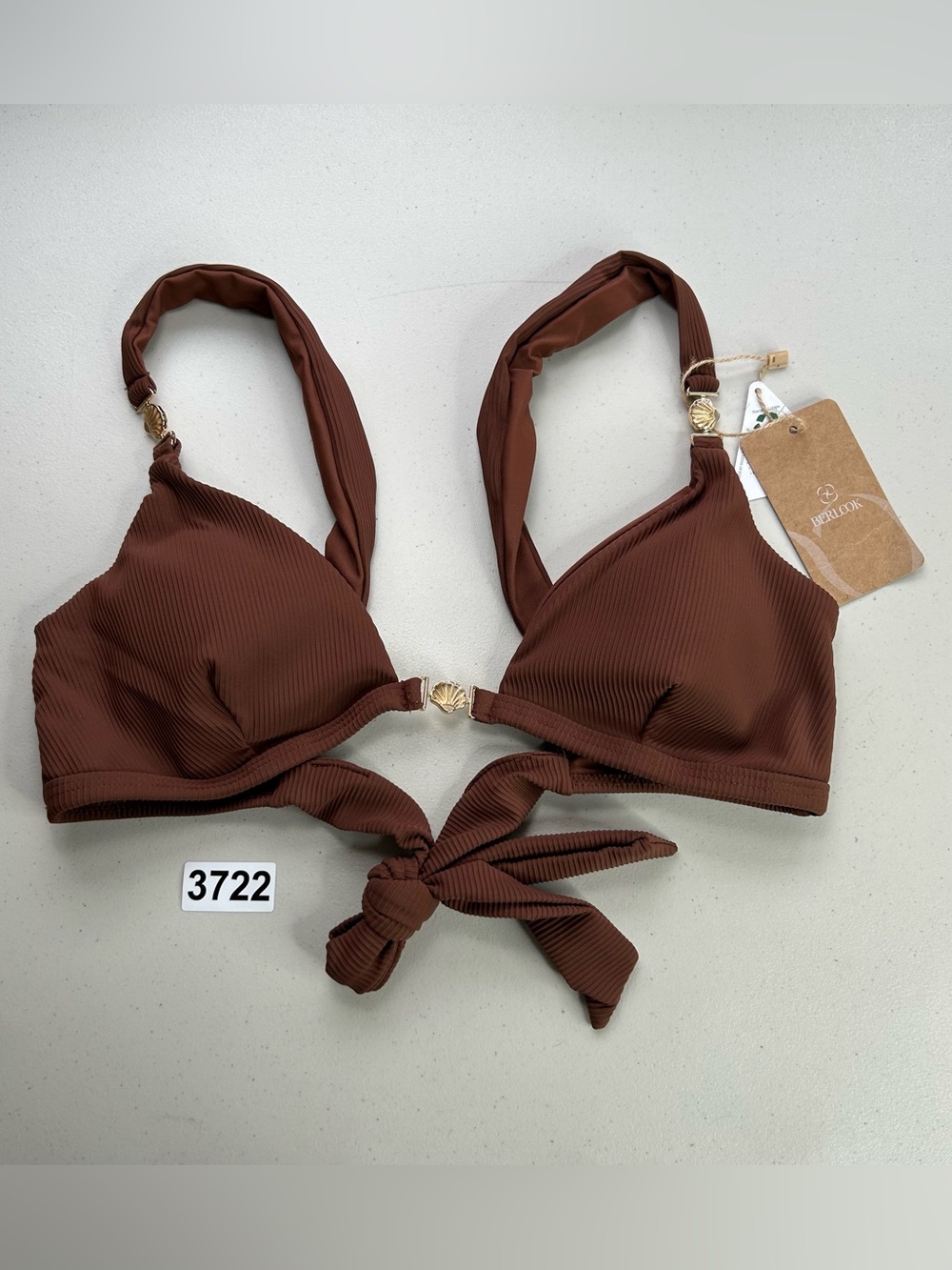 Berlook Medium Ribbed Brown Gold Accented Bikini Top